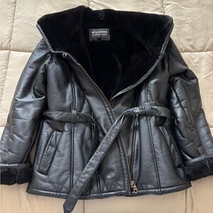 Hooded Leather Coat with faux fur lining.  Black.  Wilson.